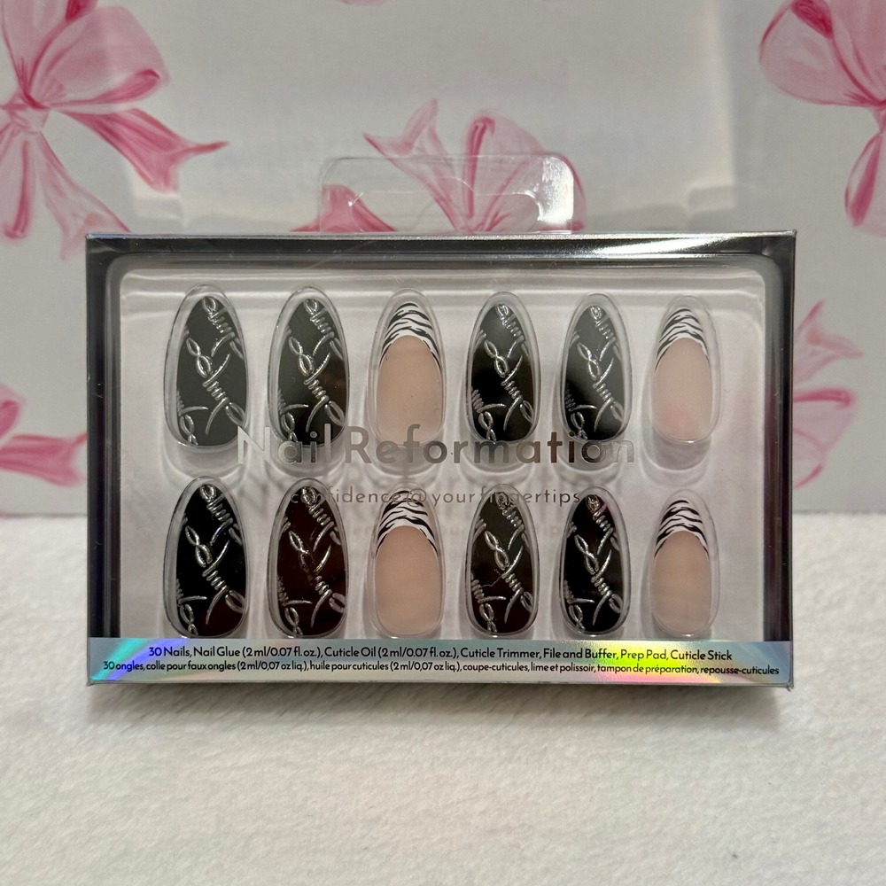 Nail‎ Reformation Press On Nails Almond Black Silver Barb Wire Zebra New